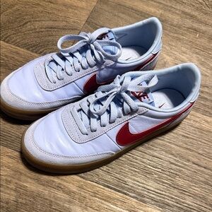 Nike Light Blue Sneakers with Red Swoosh and Gum Sole
